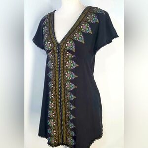 XS Free People Black/Green/Purple Boho Print Short Sleeve Cotton Mini Dress